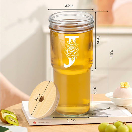 [Like_new] Personalized Initial Glass Cup 24oz Tumbler w/Lid Straw Monogram Gift for Women