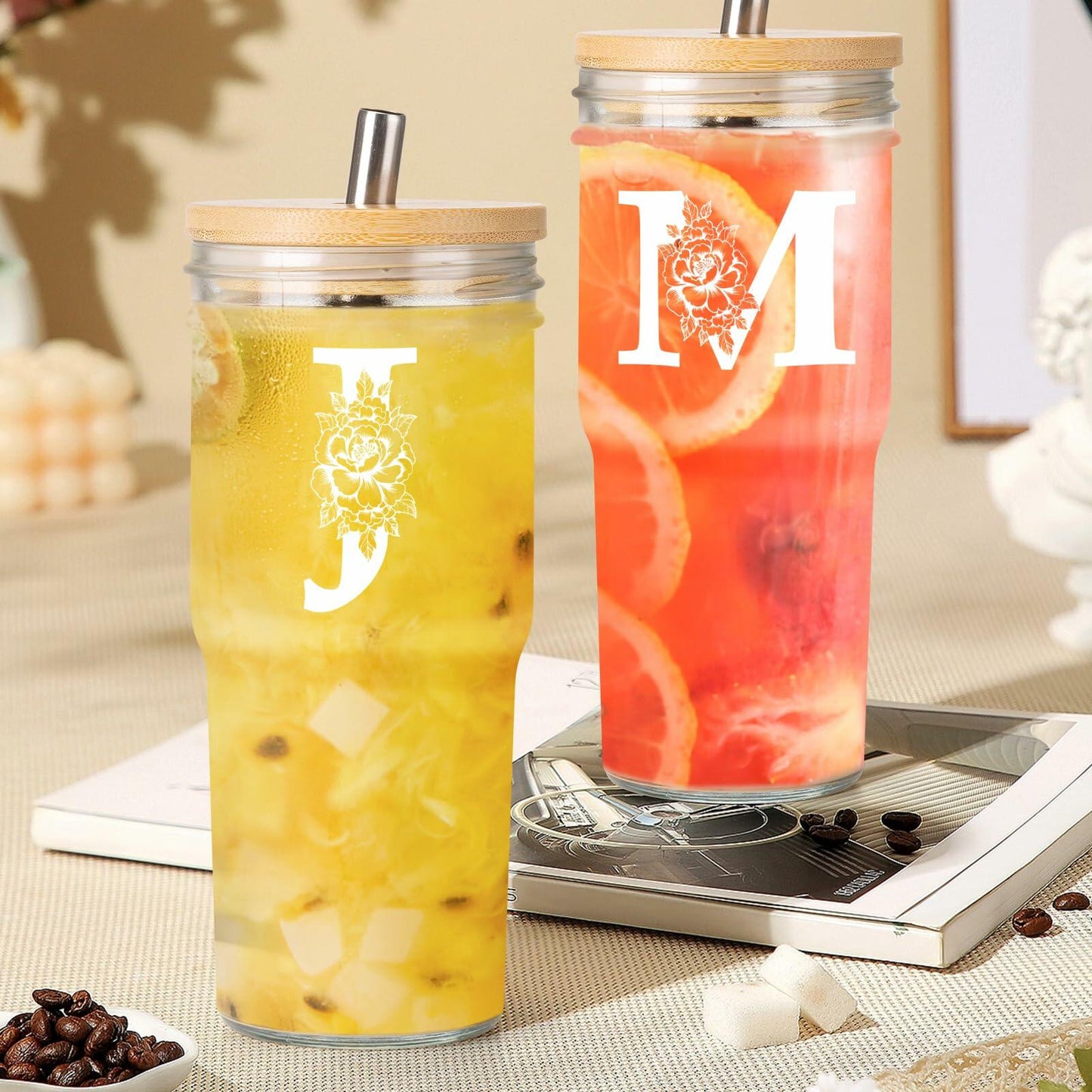 [Like_new] Personalized Initial Glass Cup 24oz Tumbler w/Lid Straw Monogram Gift for Women