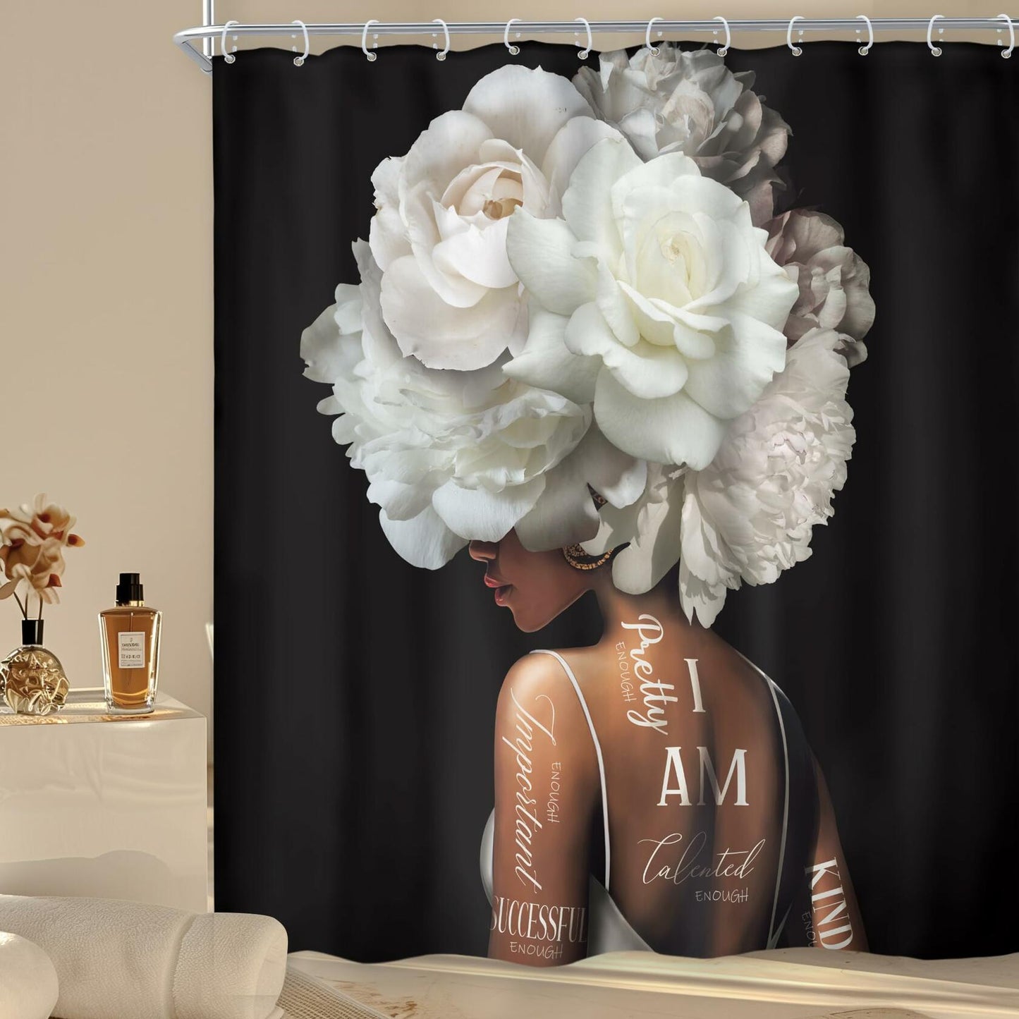 Riyidecor African American Shower Curtain 72x72 White Peony Floral 12 Hooks