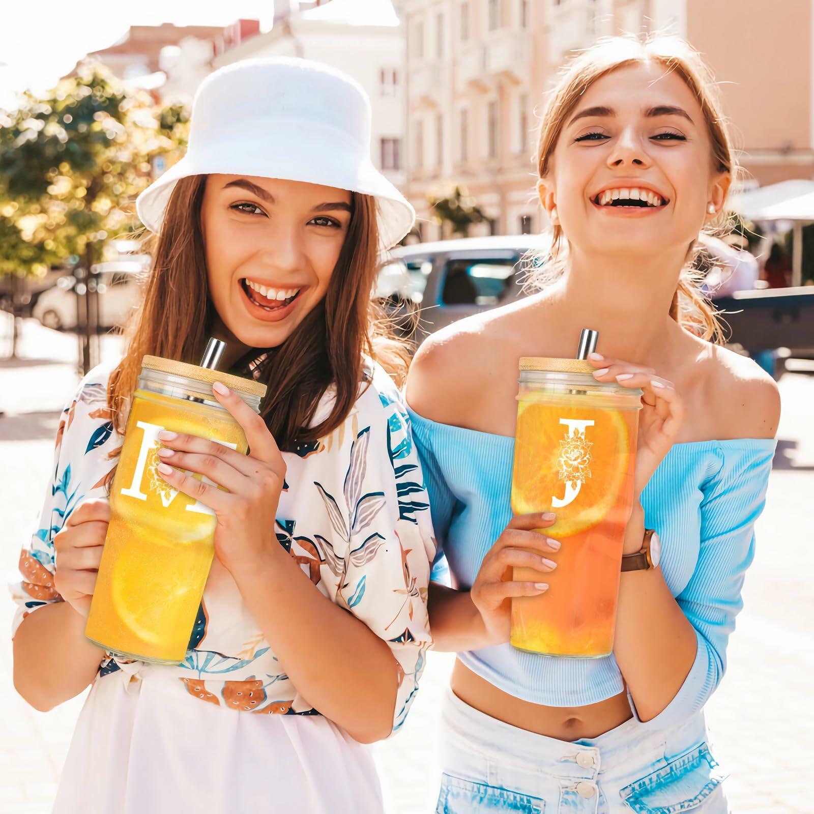 [Like New] Personalized Initial Glass Cup 24oz Tumbler w/Lid Straw Monogram Gift for Women