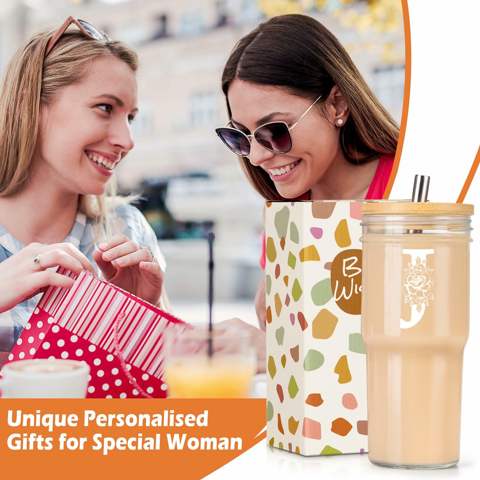 [Like New] Personalized Initial Glass Cup 24oz Tumbler w/Lid Straw Monogram Gift for Women