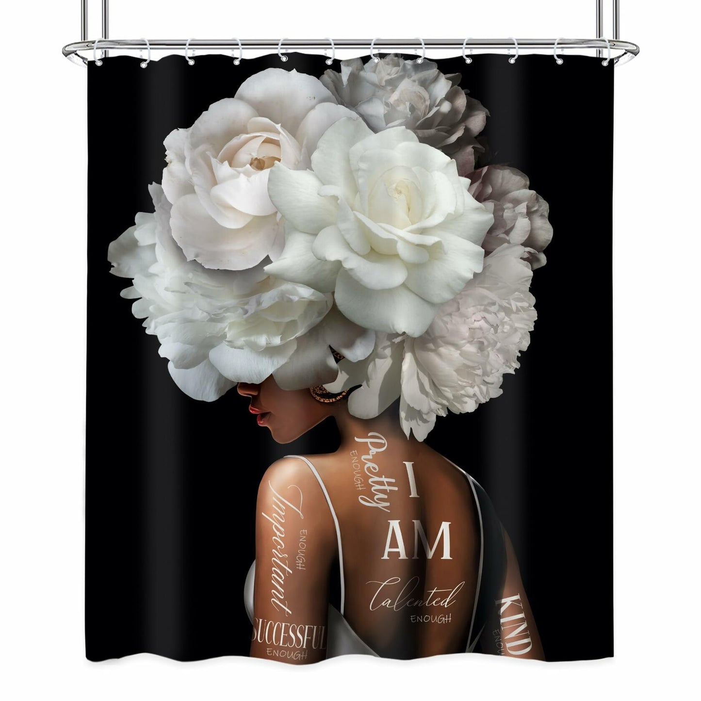 Riyidecor African American Shower Curtain 72x72 White Peony Floral 12 Hooks