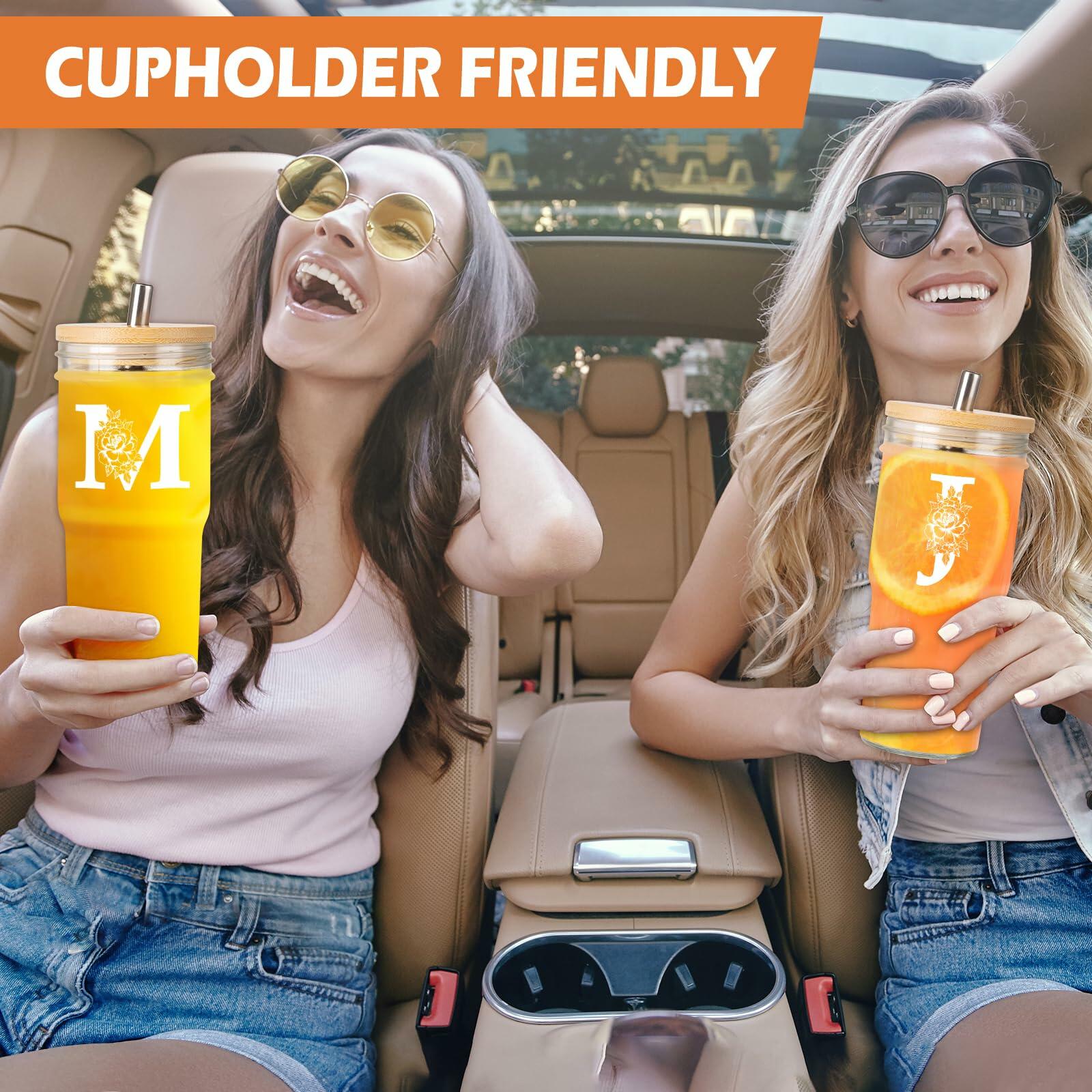 [Like New] Personalized Initial Glass Cup 24oz Tumbler w/Lid Straw Monogram Gift for Women