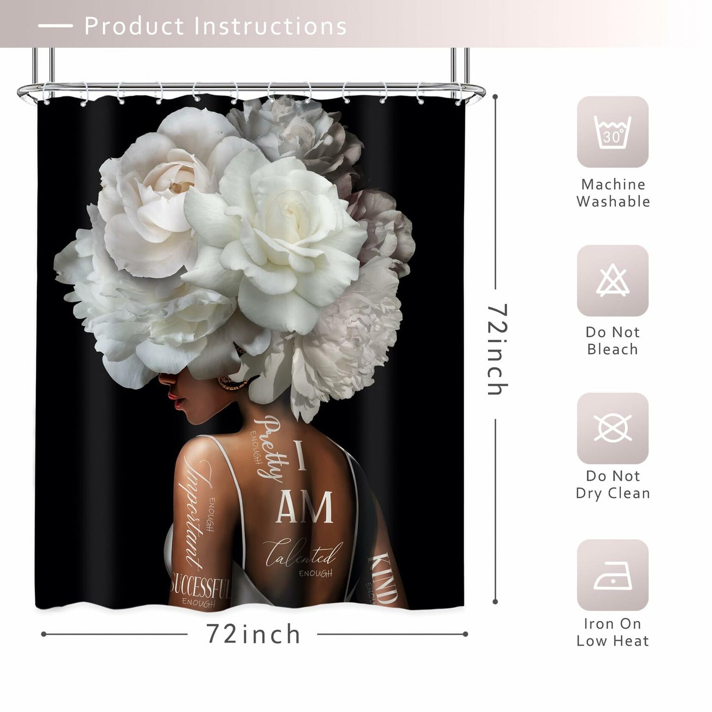 Riyidecor African American Shower Curtain 72x72 White Peony Floral 12 Hooks