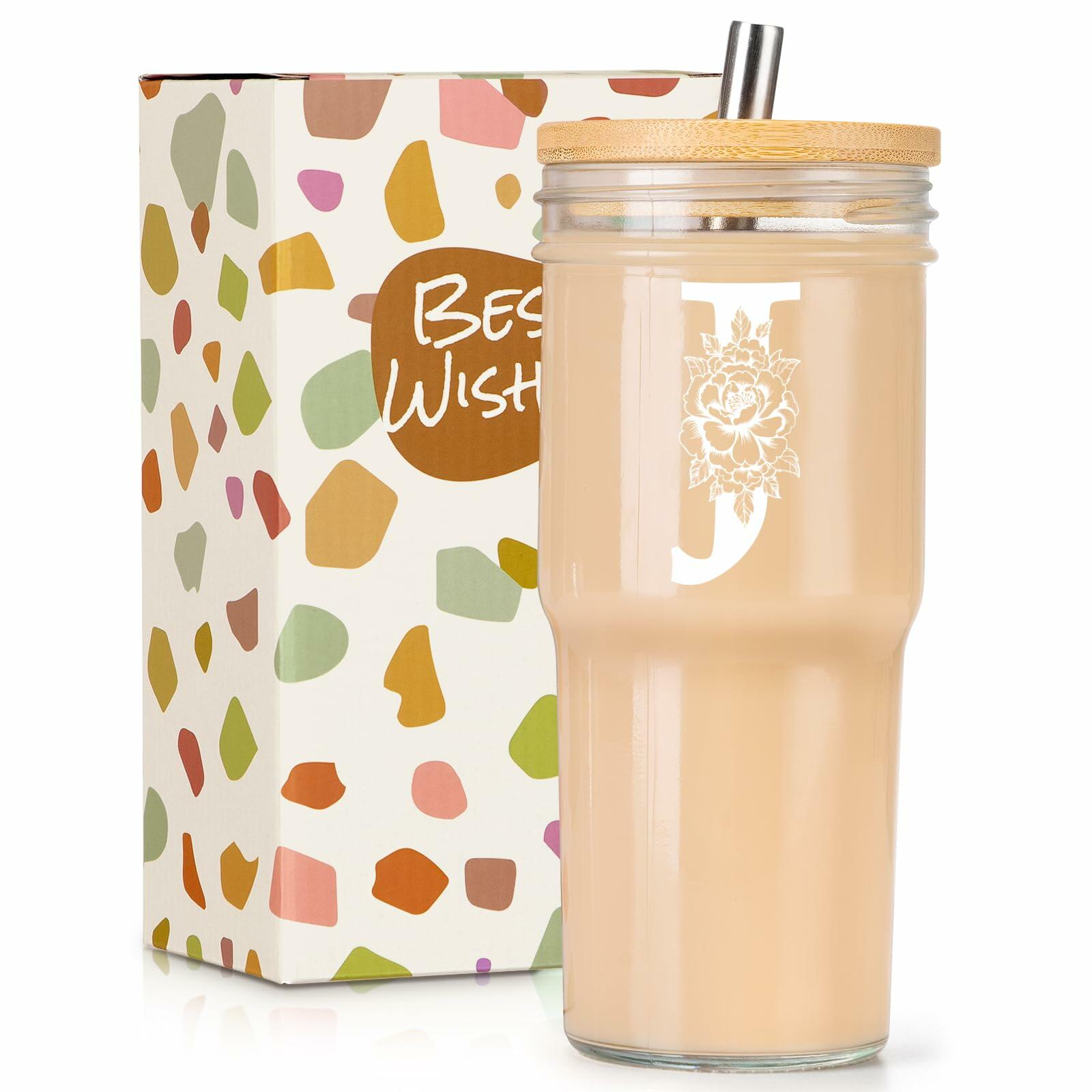 [Like New] Personalized Initial Glass Cup 24oz Tumbler w/Lid Straw Monogram Gift for Women
