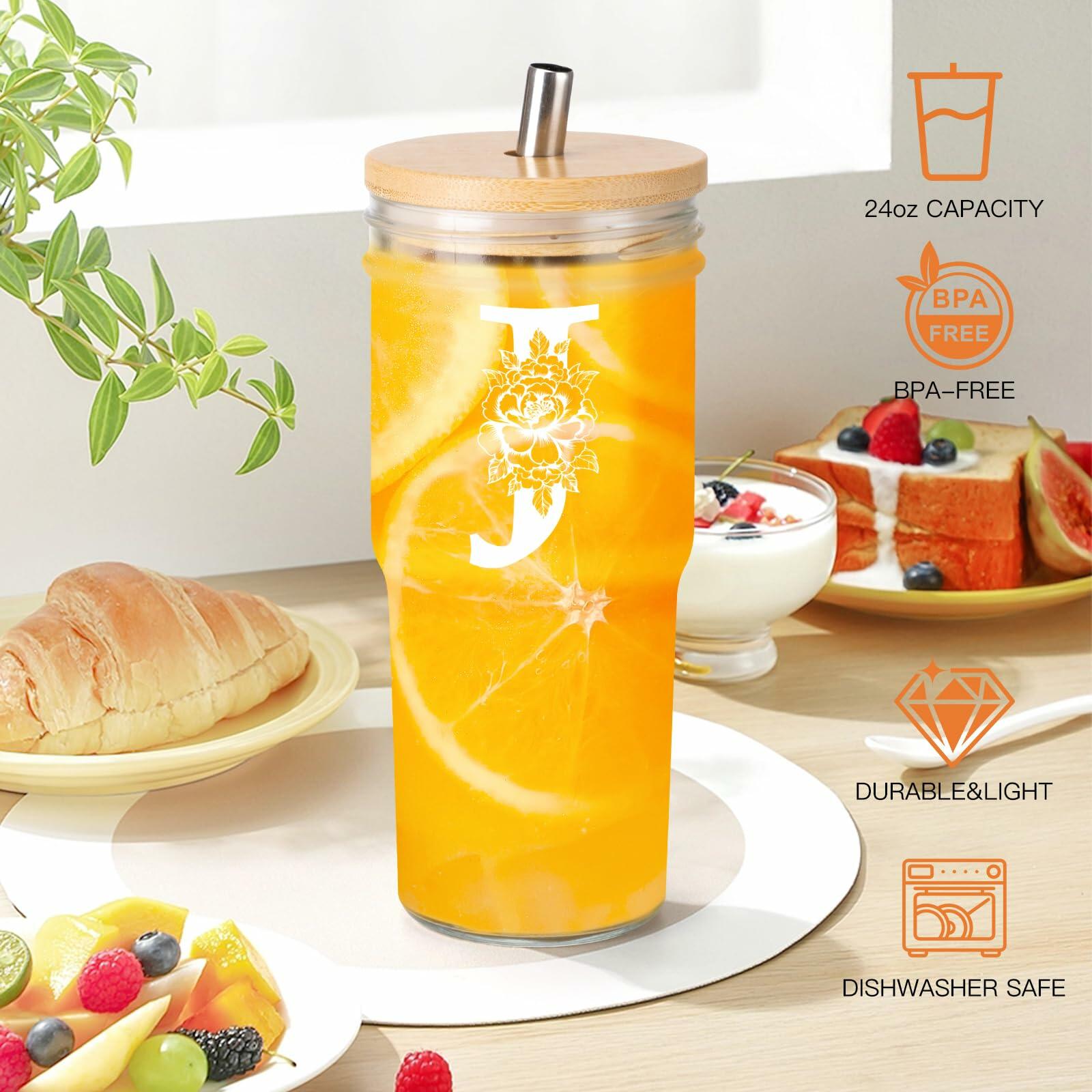 [Like New] Personalized Initial Glass Cup 24oz Tumbler w/Lid Straw Monogram Gift for Women