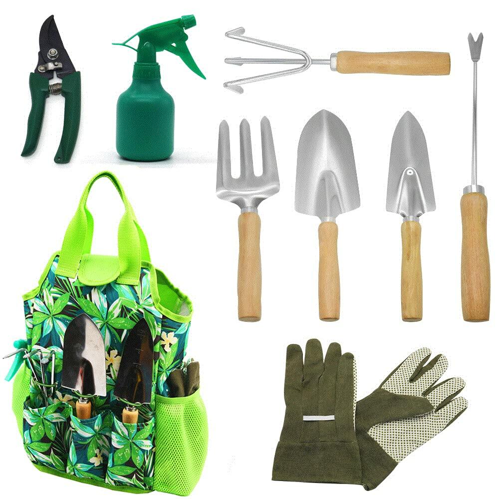 [Like New] 9-Piece Garden Tools Set with Gloves and Colorful Tote - Gardening Kit