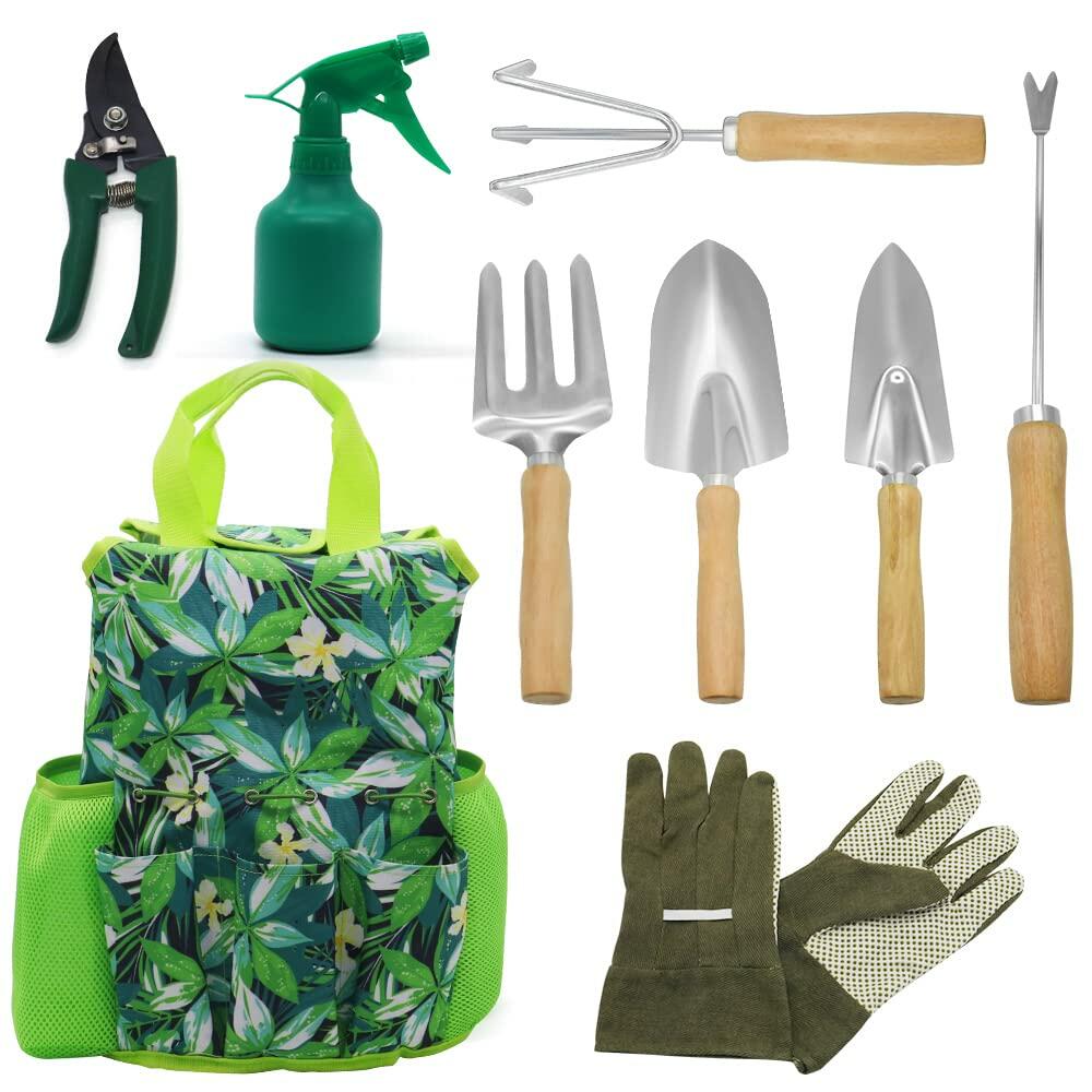 [Like New] 9-Piece Garden Tools Set with Gloves and Colorful Tote - Gardening Kit