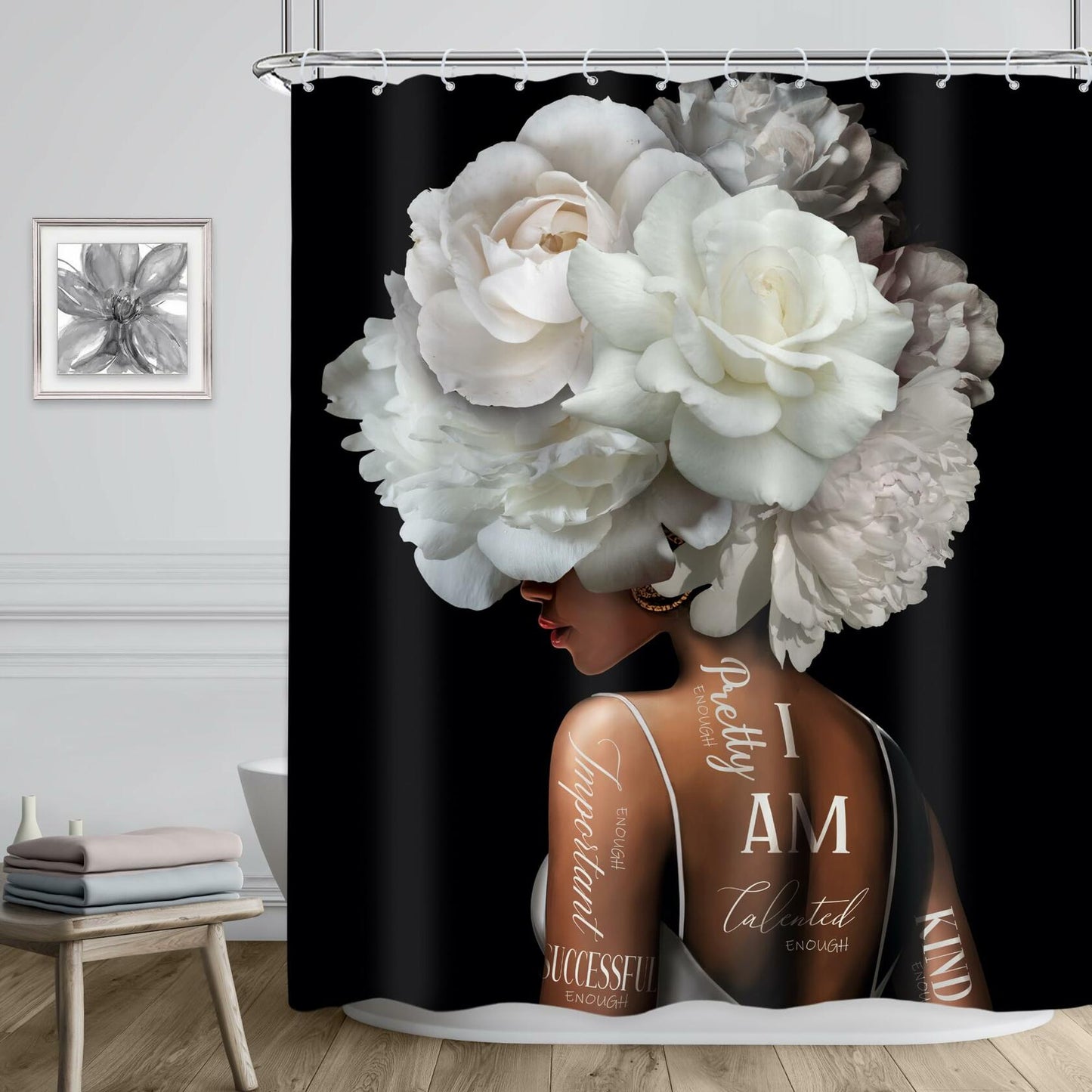 Riyidecor African American Shower Curtain 72x72 White Peony Floral 12 Hooks