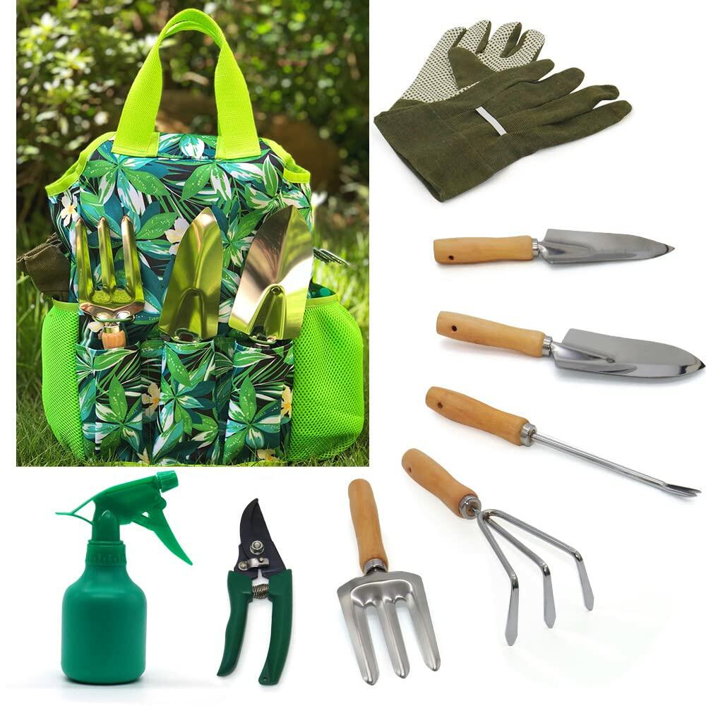 [Like New] 9-Piece Garden Tools Set with Gloves and Colorful Tote - Gardening Kit