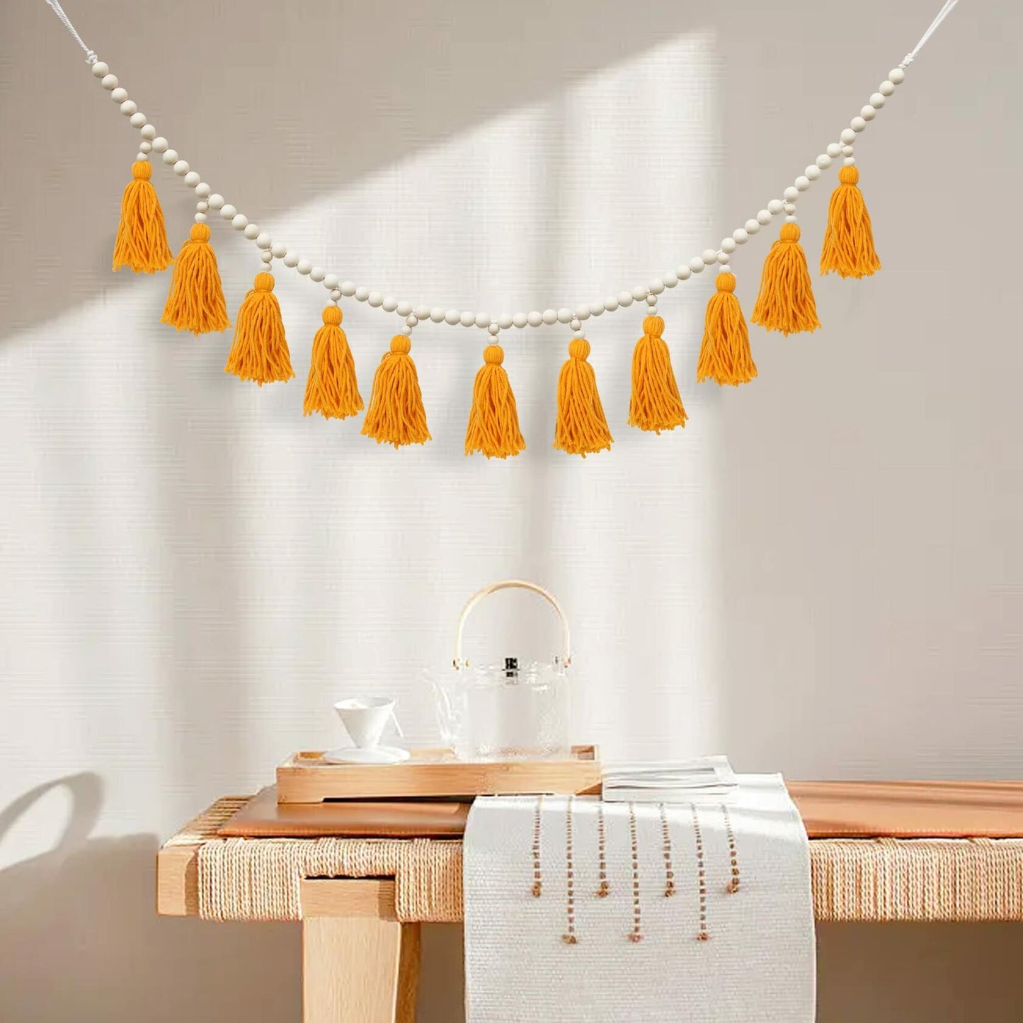 Tassels Garland Wood Bead Boho Decor Macrame Banner Yellow Nursery Baby Shower