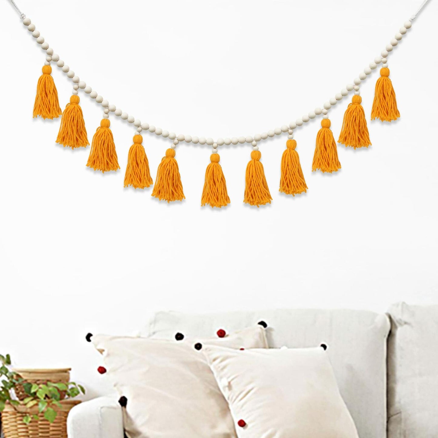 Tassels Garland Wood Bead Boho Decor Macrame Banner Yellow Nursery Baby Shower
