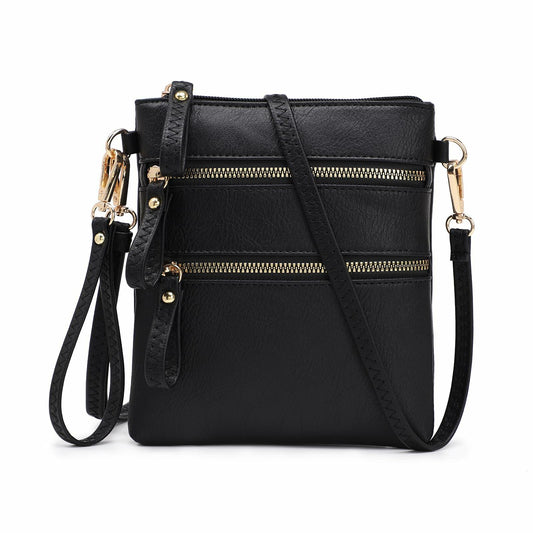 AMELIE GALANTI Small Vegan Crossbody Purse Bag Triple Zipper Black