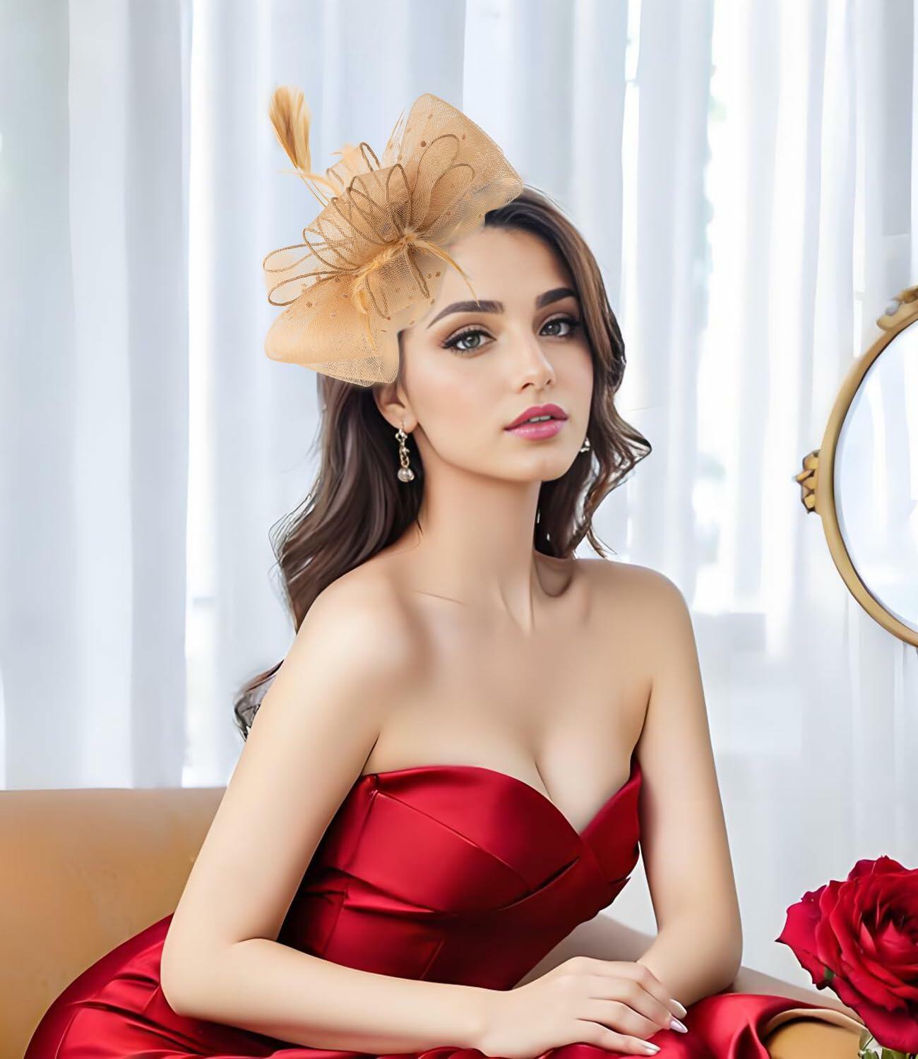 Unpifolov Fascinators Flower Mesh Feathers Headwear Dark Yellow