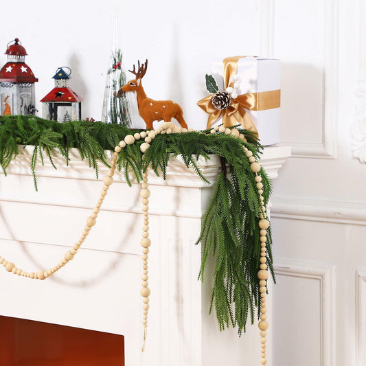 Lyrow Christmas Norfolk Pine Garland Set 6ft Pine 18ft Wooden Bead Garland