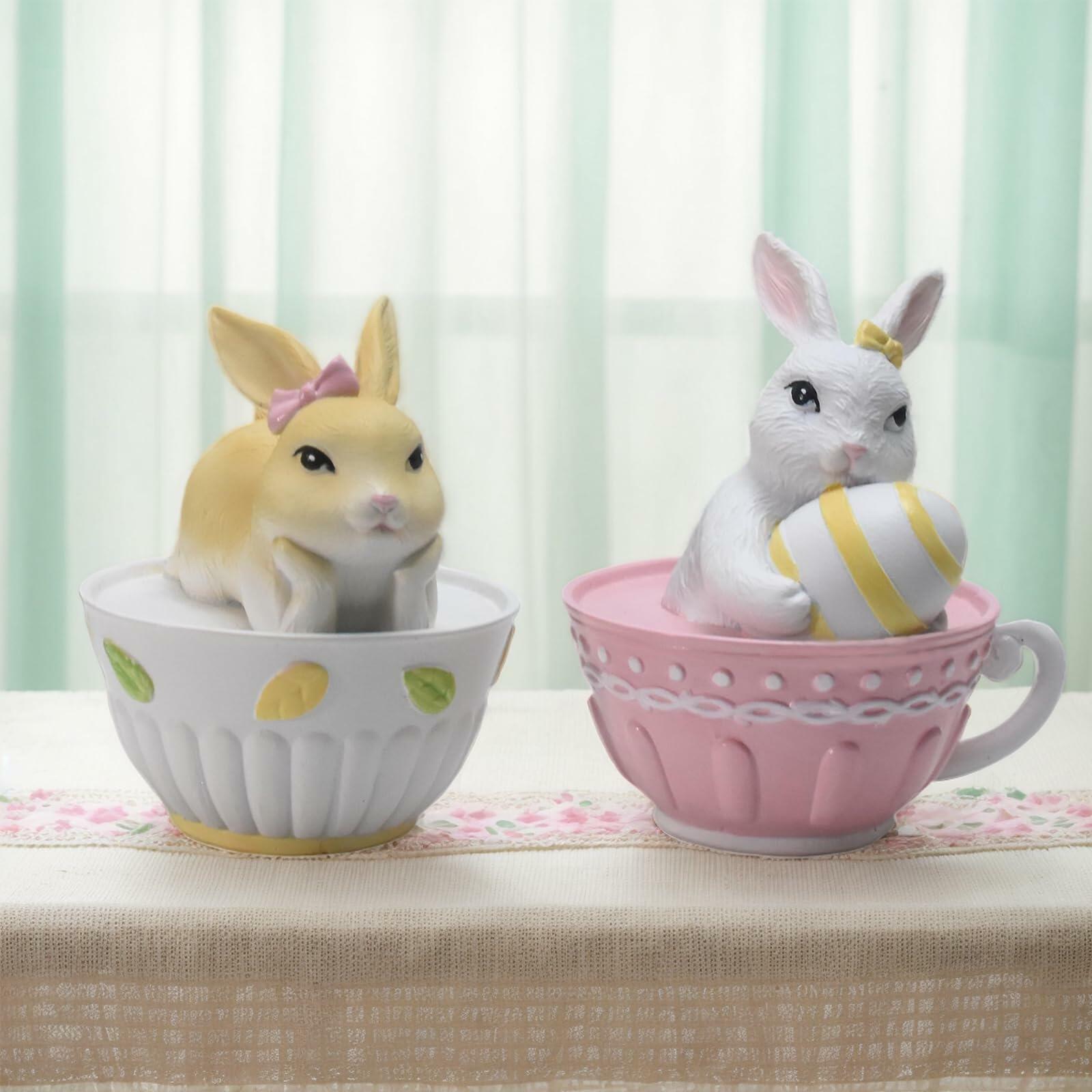 AMOYYT Easter Bunny Figurines Resin LED Rabbit Statue 4.5in Set of 2