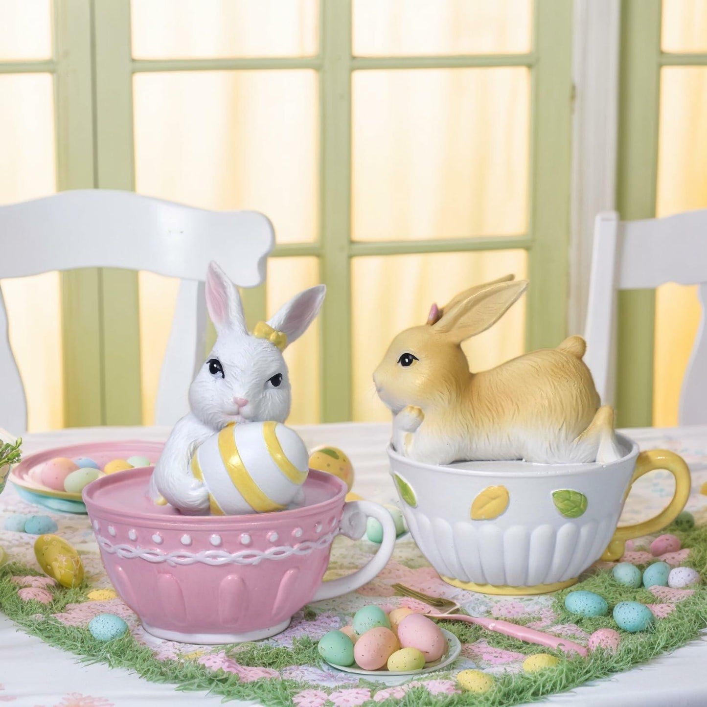 AMOYYT Easter Bunny Figurines Resin LED Rabbit Statue 4.5in Set of 2