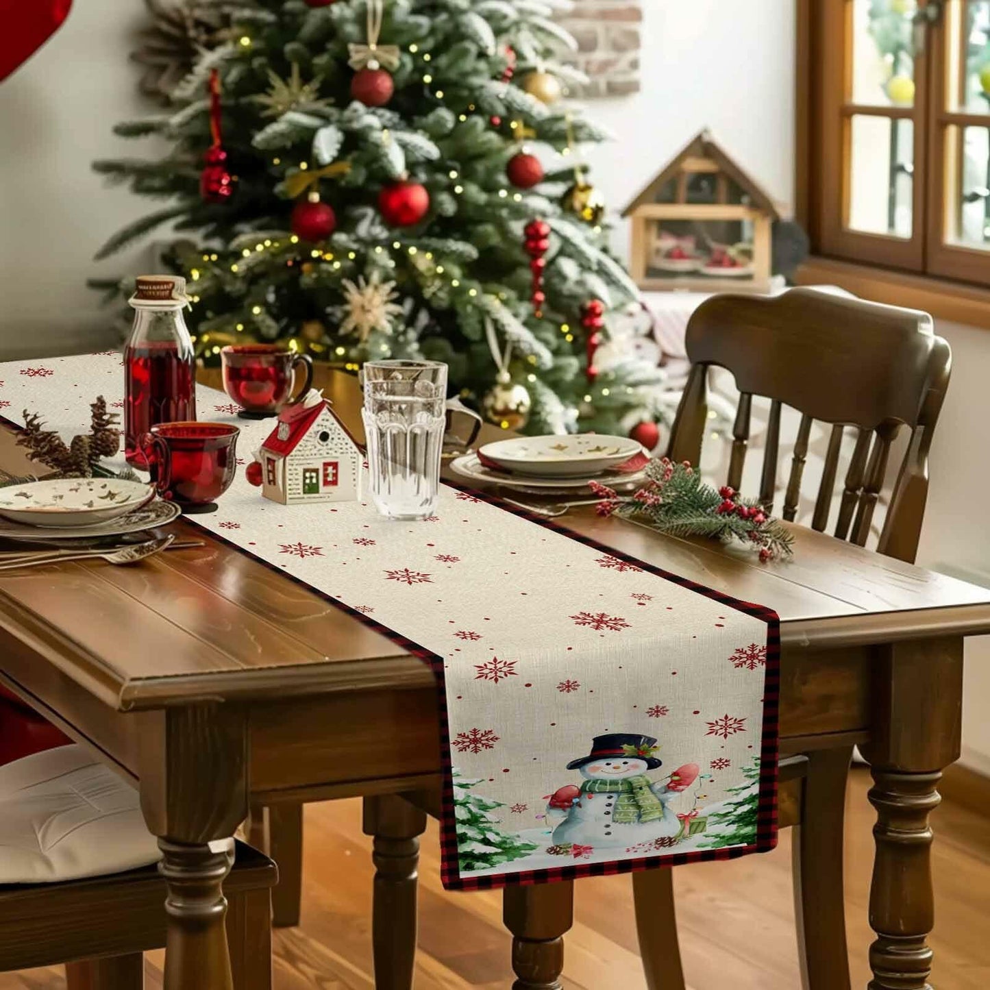 Christmas Table Runner Snowman Burlap Linen 108in Xmas Tree Snowflake Decor