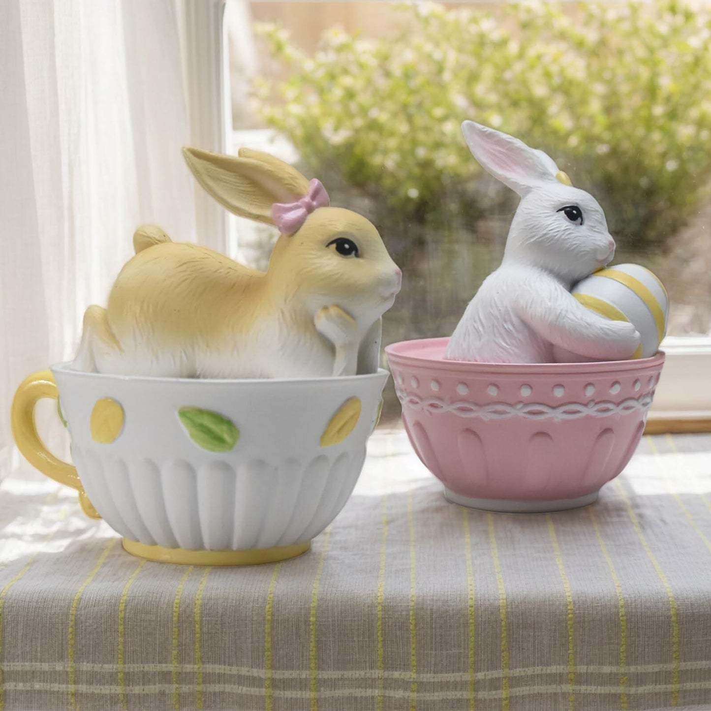 AMOYYT Easter Bunny Figurines Resin LED Rabbit Statue 4.5in Set of 2