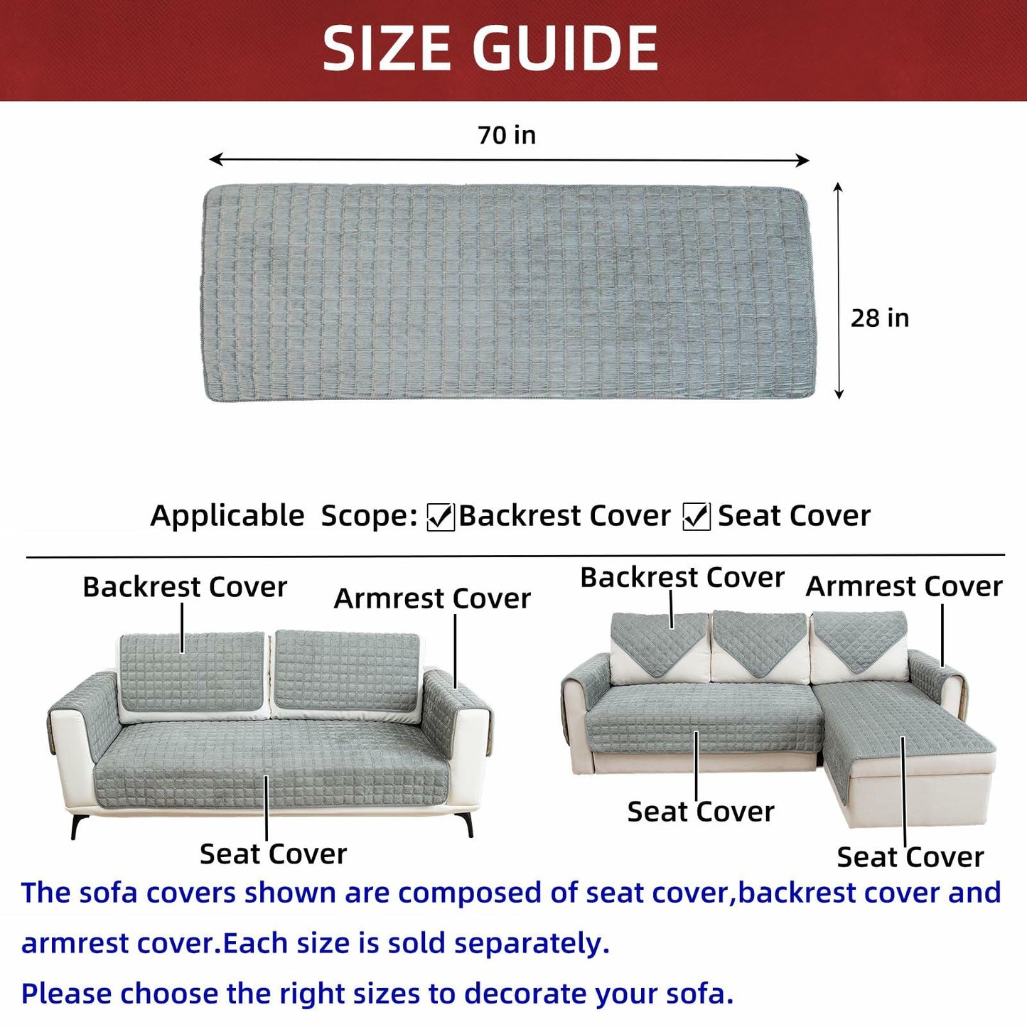 TAOMOCASTL Corduroy Sectional Sofa Cover Non Slip Washable Gray 28x70 1pc