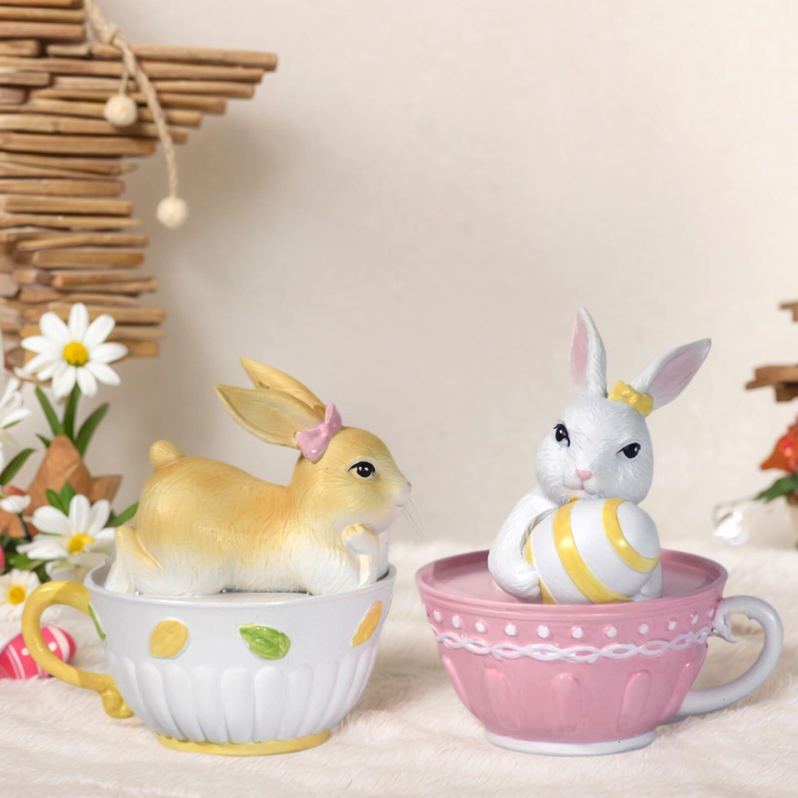 AMOYYT Easter Bunny Figurines Resin LED Rabbit Statue 4.5in Set of 2