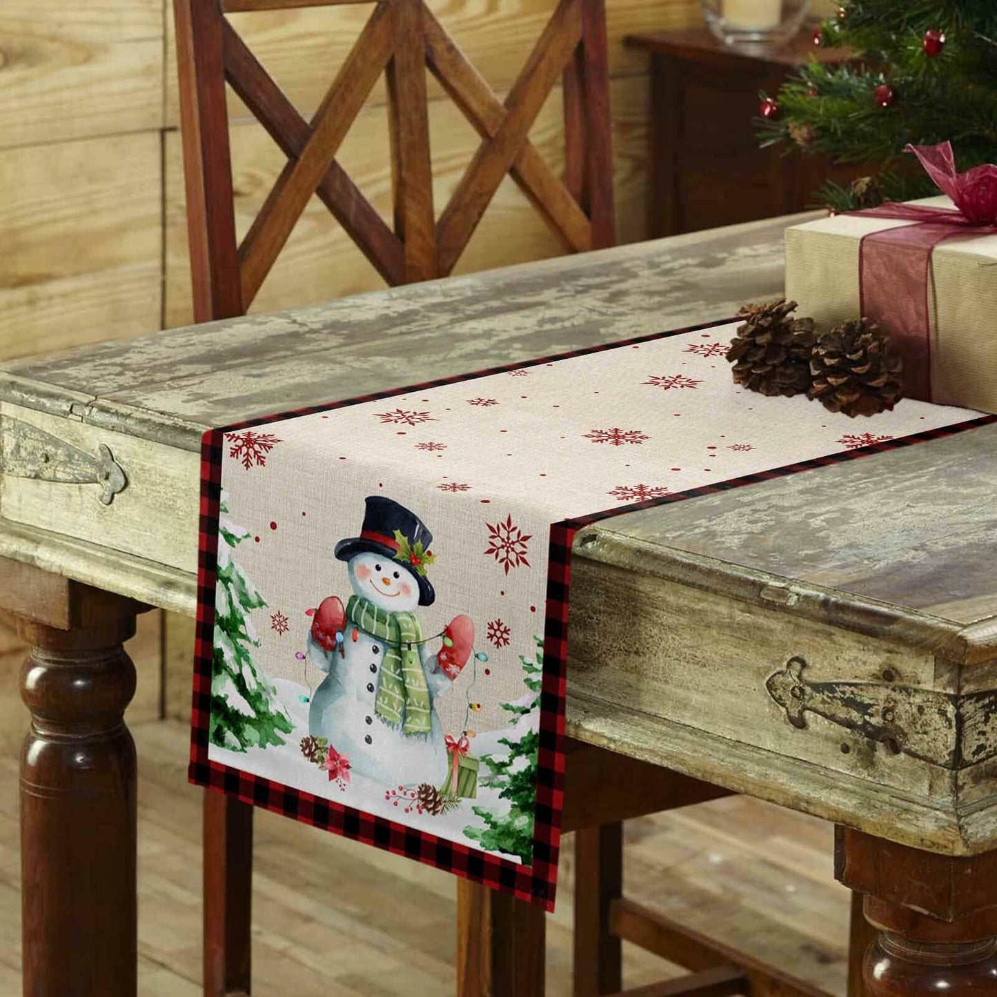 Christmas Table Runner Snowman Burlap Linen 108in Xmas Tree Snowflake Decor
