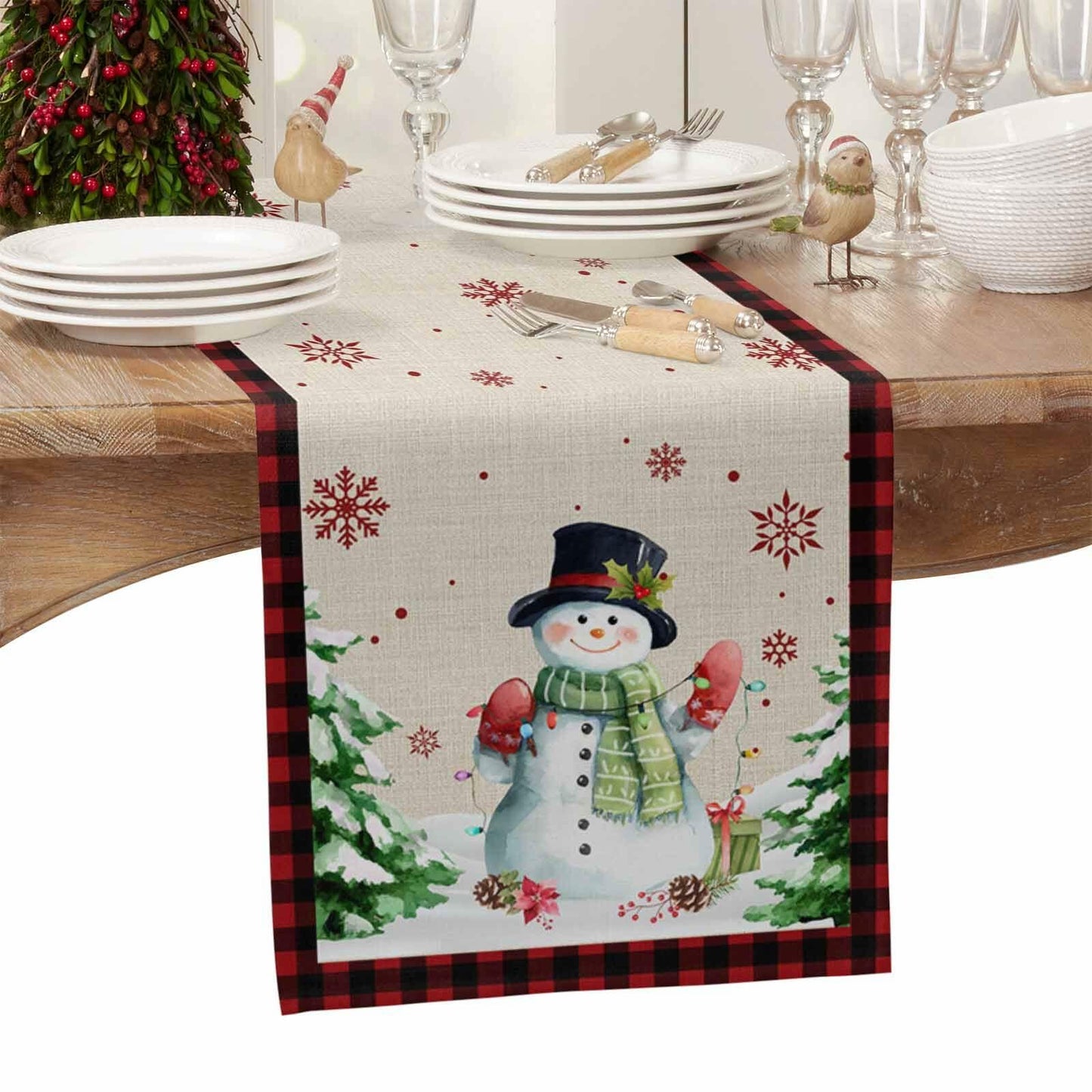 Christmas Table Runner Snowman Burlap Linen 108in Xmas Tree Snowflake Decor