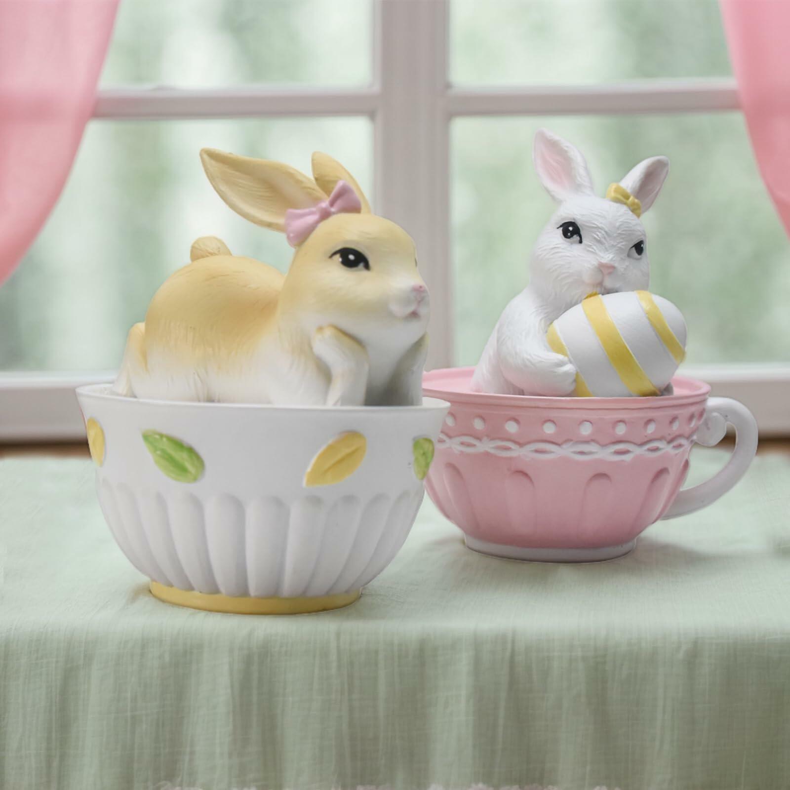 AMOYYT Easter Bunny Figurines Resin LED Rabbit Statue 4.5in Set of 2