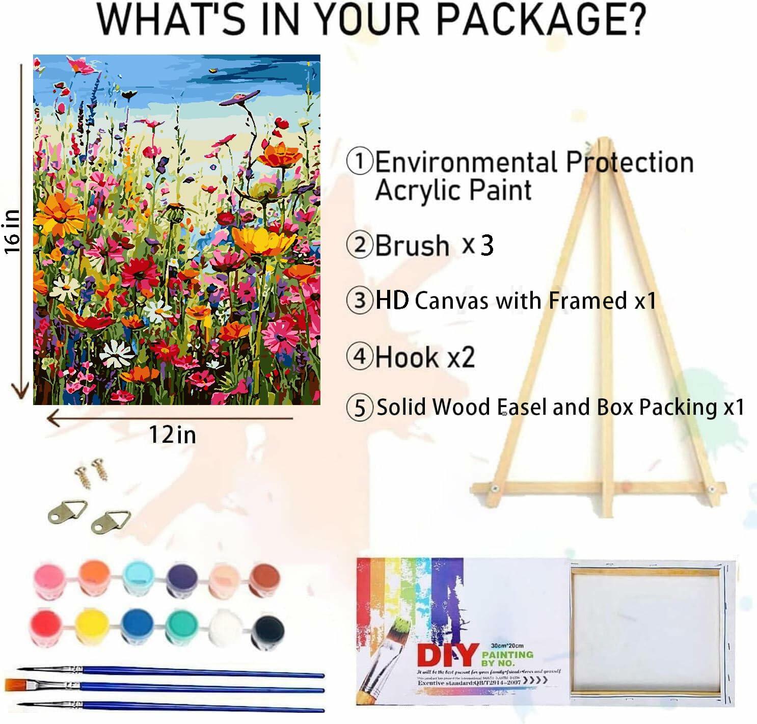 [Like New] Eiazuiks Paint by Number Kit Wild Flower 12x16 with Frame & Brushes
