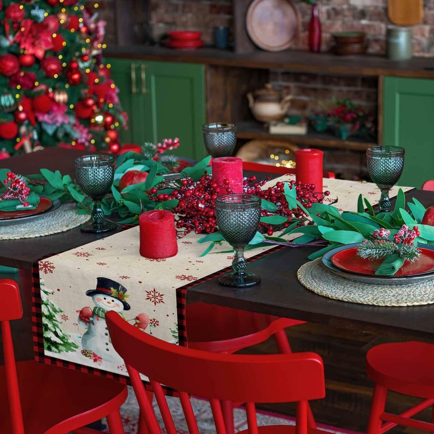 Christmas Table Runner Snowman Burlap Linen 108in Xmas Tree Snowflake Decor