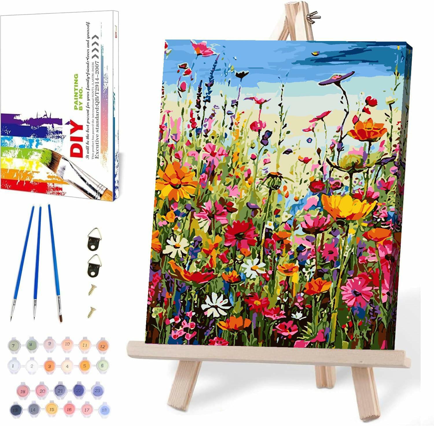 [Like New] Eiazuiks Paint by Number Kit Wild Flower 12x16 with Frame & Brushes