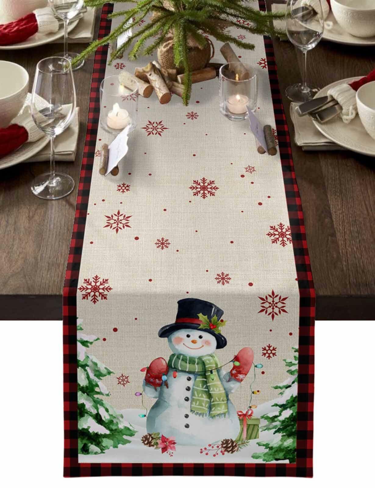 Christmas Table Runner Snowman Burlap Linen 108in Xmas Tree Snowflake Decor