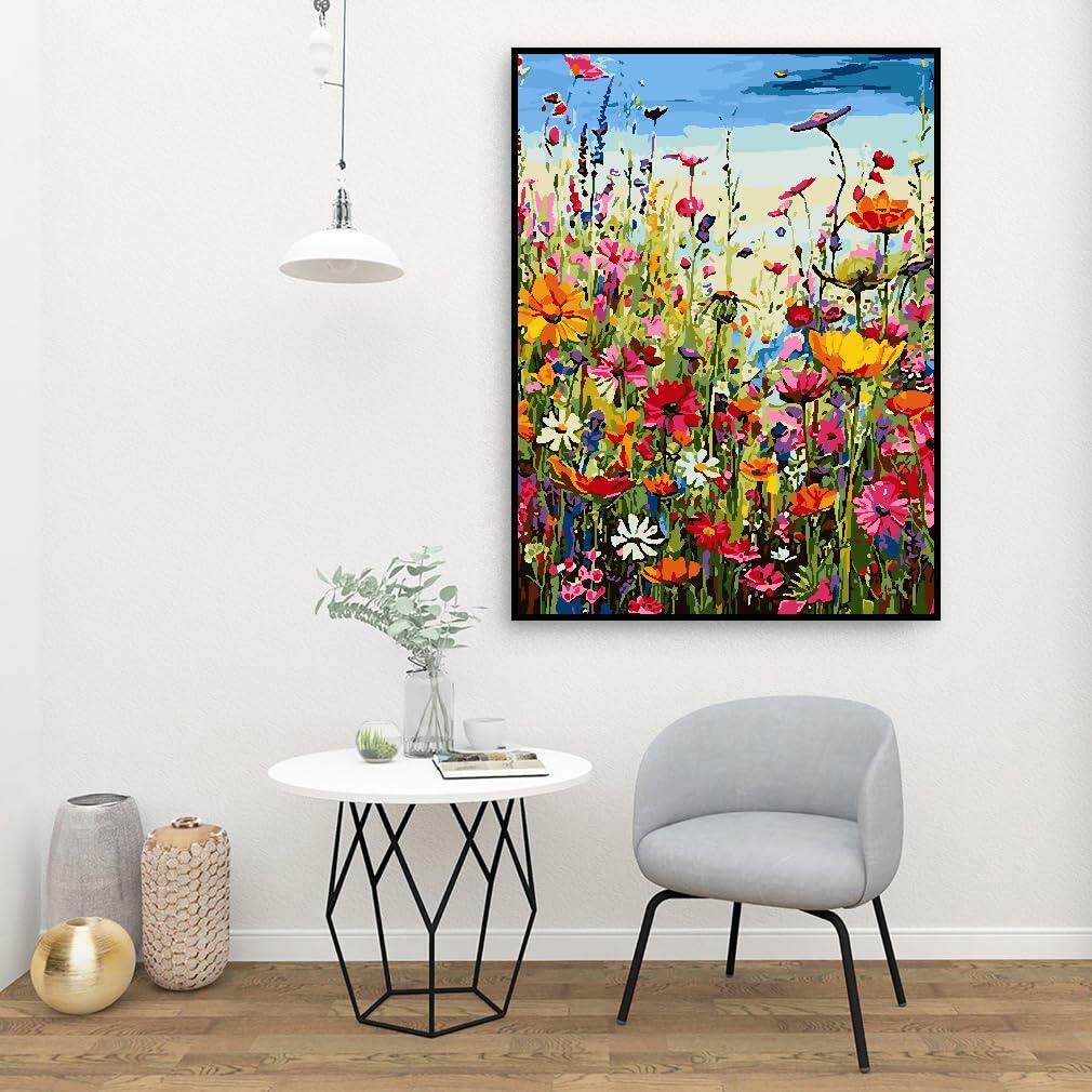 [Like New] Eiazuiks Paint by Number Kit Wild Flower 12x16 with Frame & Brushes
