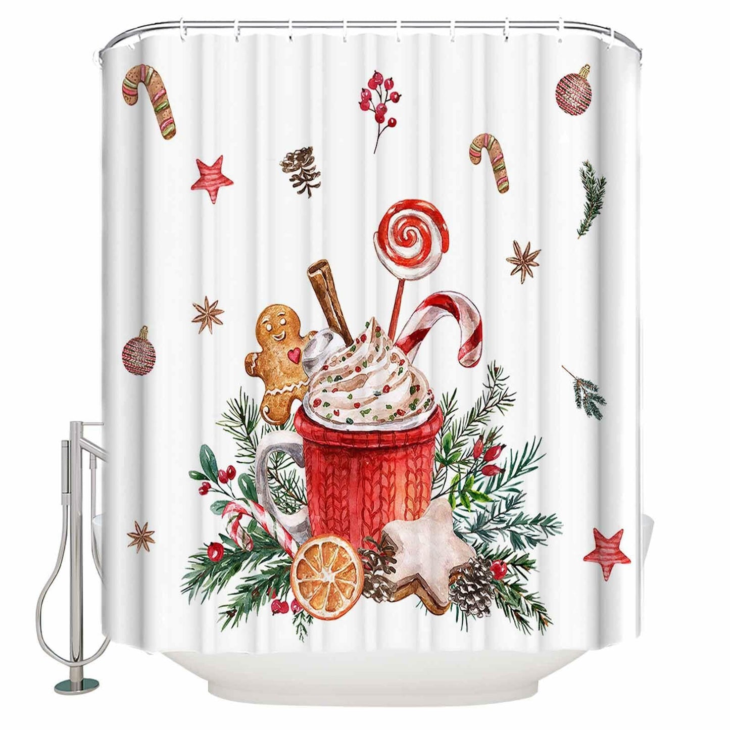 Christmas Gingerbread Man Shower Curtain Waterproof 72x72 Xmas Holiday Decor