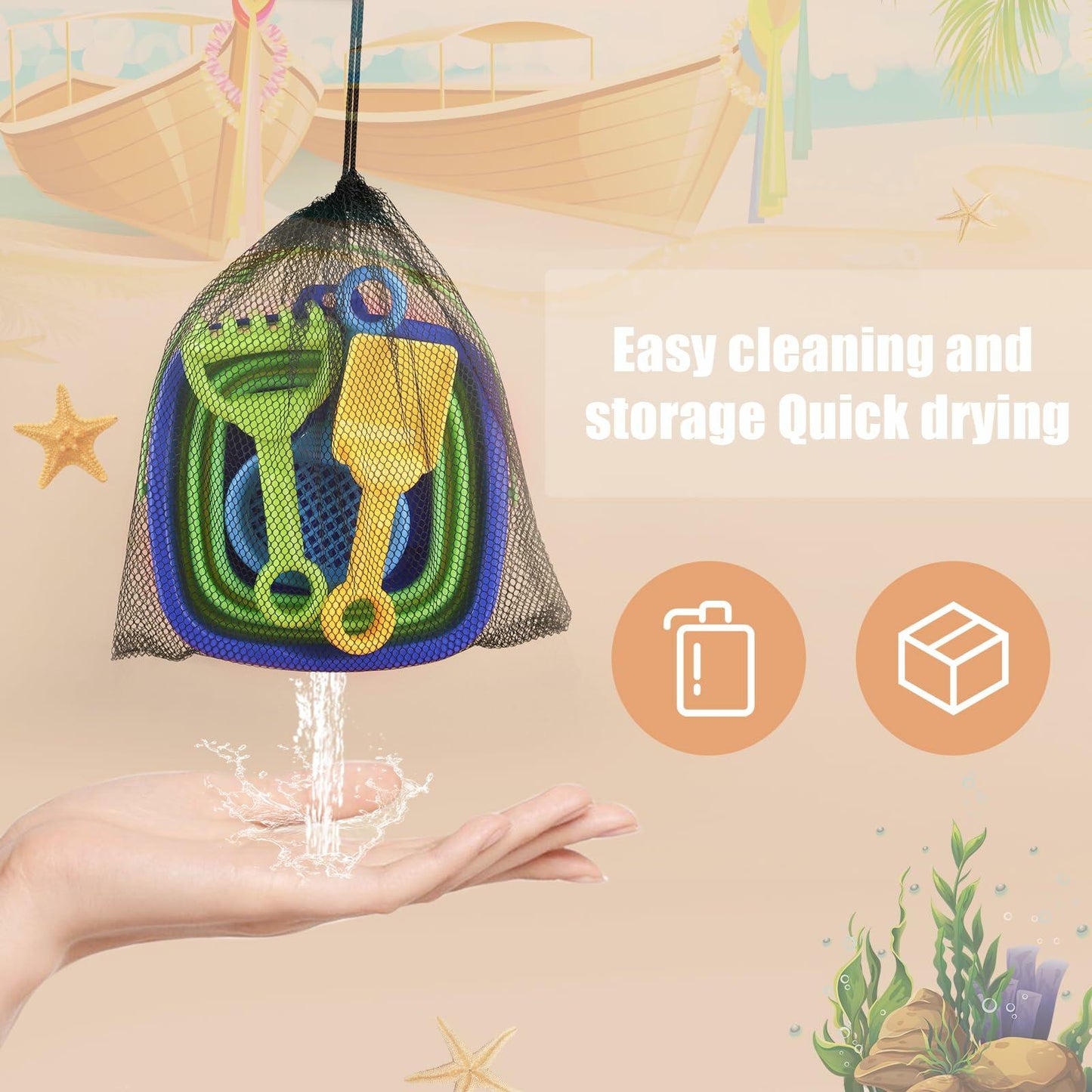 Beach Toys Set Collapsible Bucket 3 Shovels Mesh Bag Foldable Pail Toddler