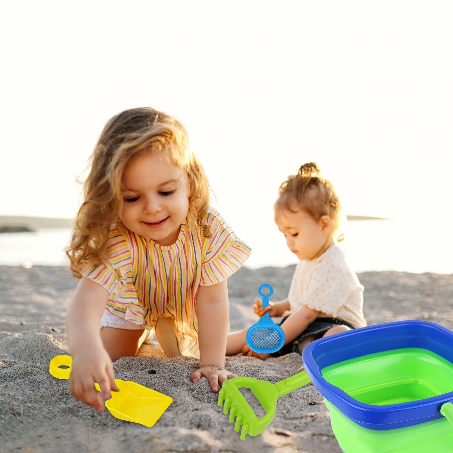 Beach Toys Set Collapsible Bucket 3 Shovels Mesh Bag Foldable Pail Toddler