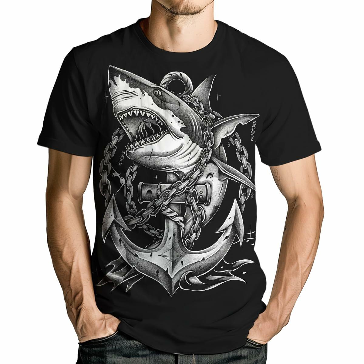 Faiwvhe Men's Creative Shark Graphic T-Shirt Black Summer Short Sleeves Size L