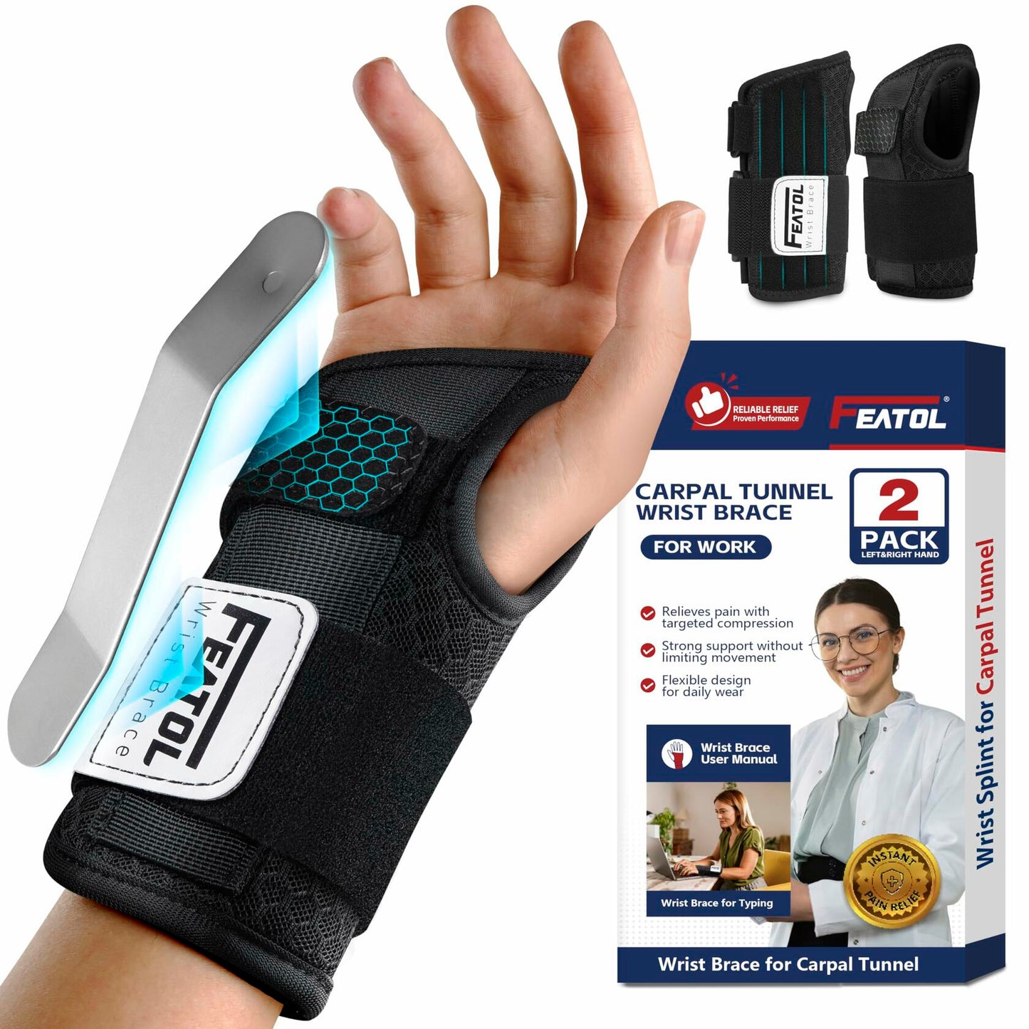 [Like_new] FEATOL Carpal Tunnel Wrist Brace 2 Pack Pain Relief 6.5'' Black Size M