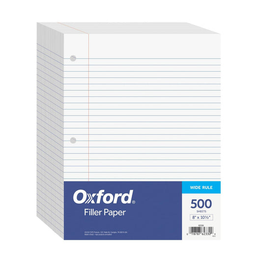 Oxford Wide Ruled Filler Paper 8x10.5in 3-Hole Punch 500 Sheets White