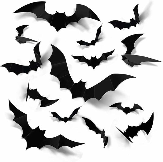 DZBJIPT 120 Pcs 3D Halloween Bats Wall Decals 4 Sizes Black Bat Decor