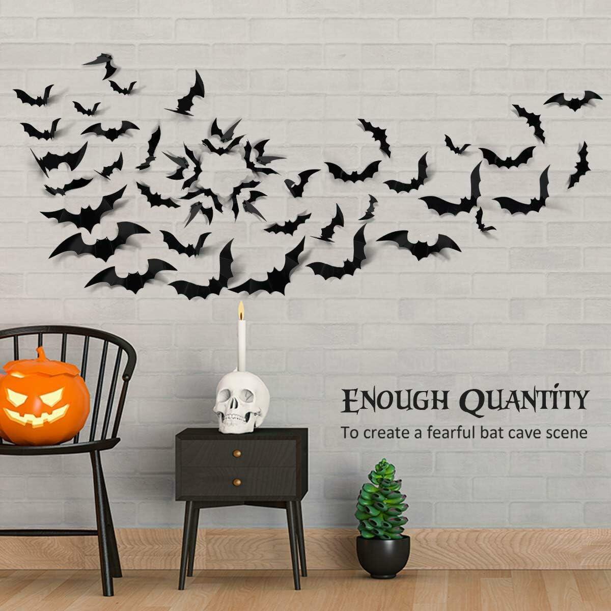 DZBJIPT 120 Pcs 3D Halloween Bats Wall Decals 4 Sizes Black Bat Decor