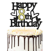 Sumerk 8th Birthday Cake Topper Black Gold Glitter Party Decoration