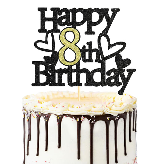 Sumerk 8th Birthday Cake Topper Black Gold Glitter Party Decoration