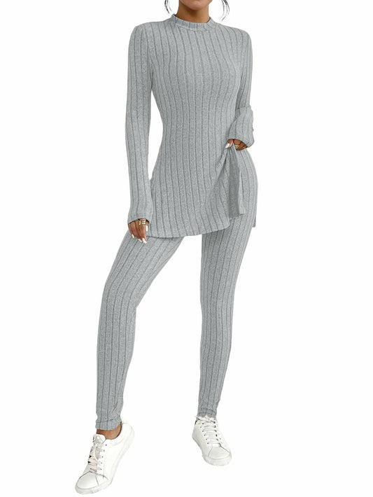 HBQ Women's 2 Piece Lounge Set Mock Neck Ribbed Knit Sweatsuit Grey Size XXL