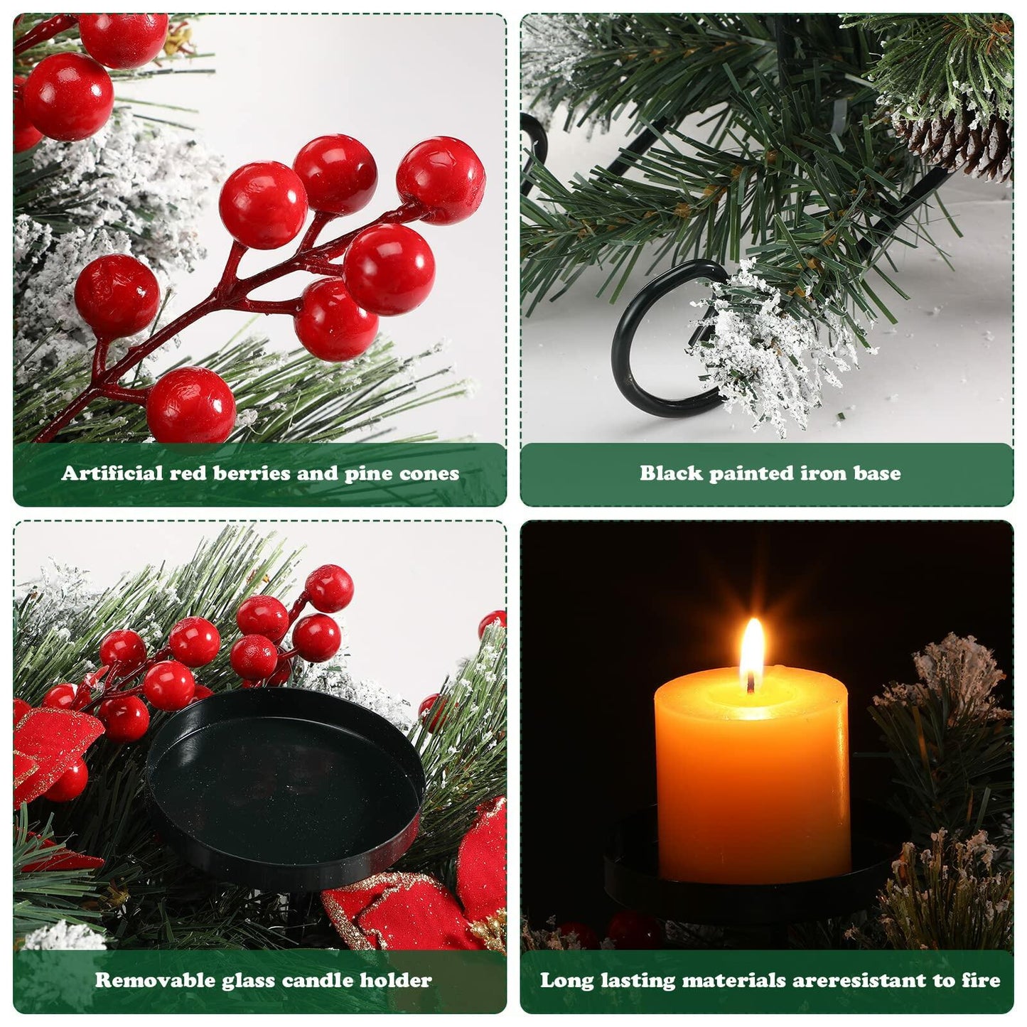 [Like_new] 30" Artificial Christmas Centerpiece Red Flowers Berries Pinecones 3 Candle