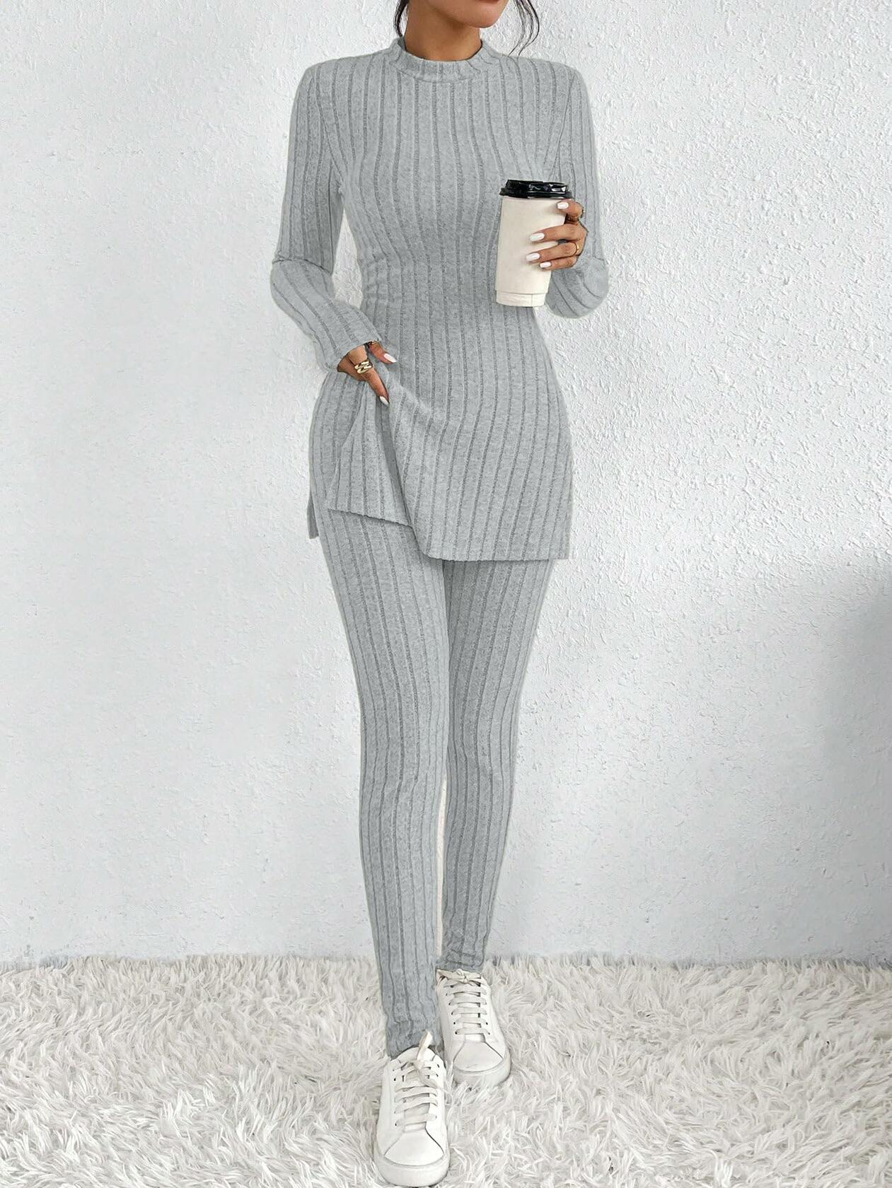 HBQ Women's 2 Piece Lounge Set Mock Neck Ribbed Knit Sweatsuit Grey Size XXL