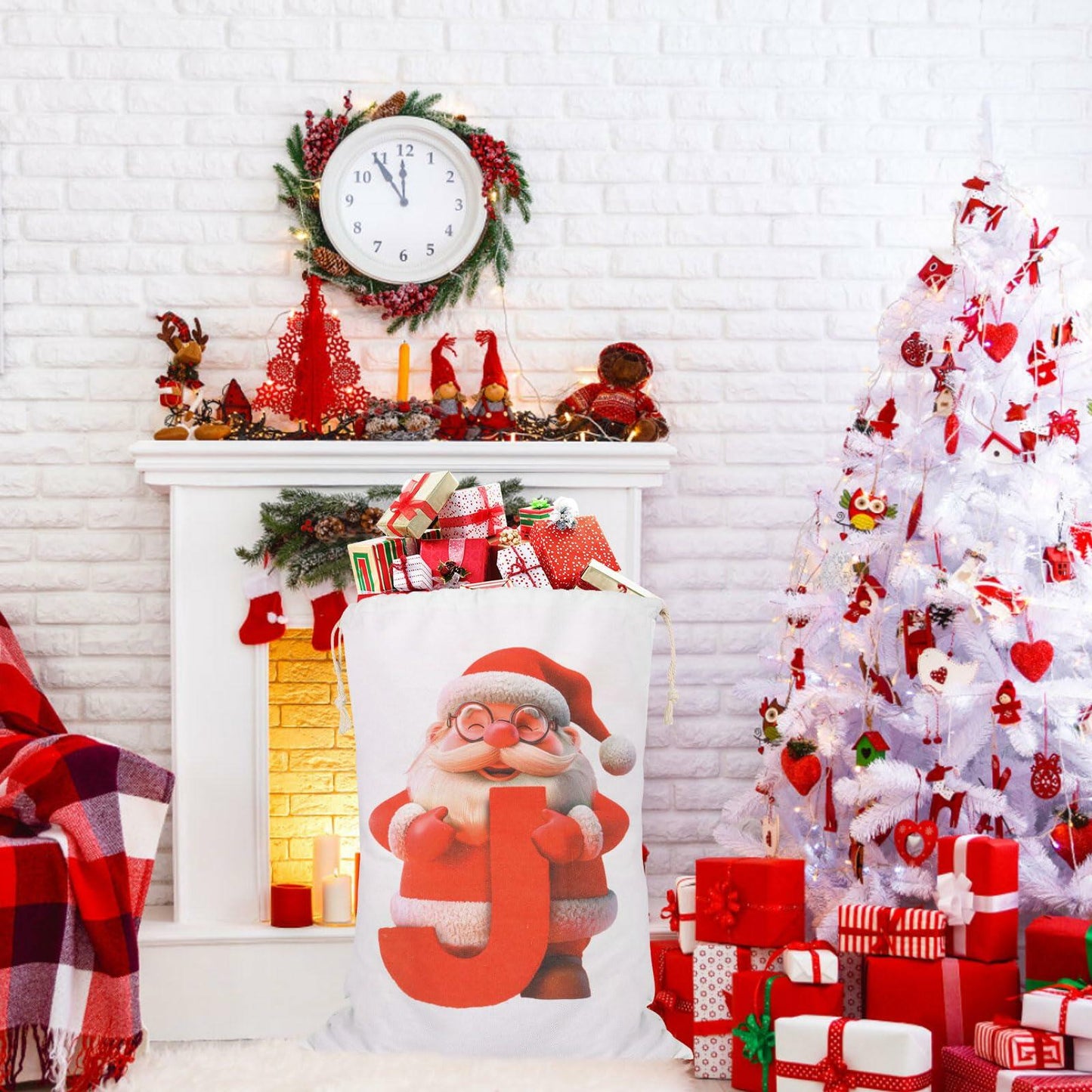 CCINEE Canvas Santa Sack Personalized Letter J Drawstring Red 27x20in