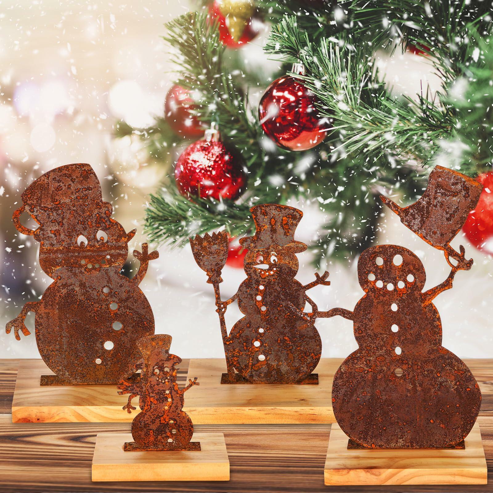 Vercraft 4 Pc Metal Vintage Snowman Tabletop Decor with Wooden Base Rusty