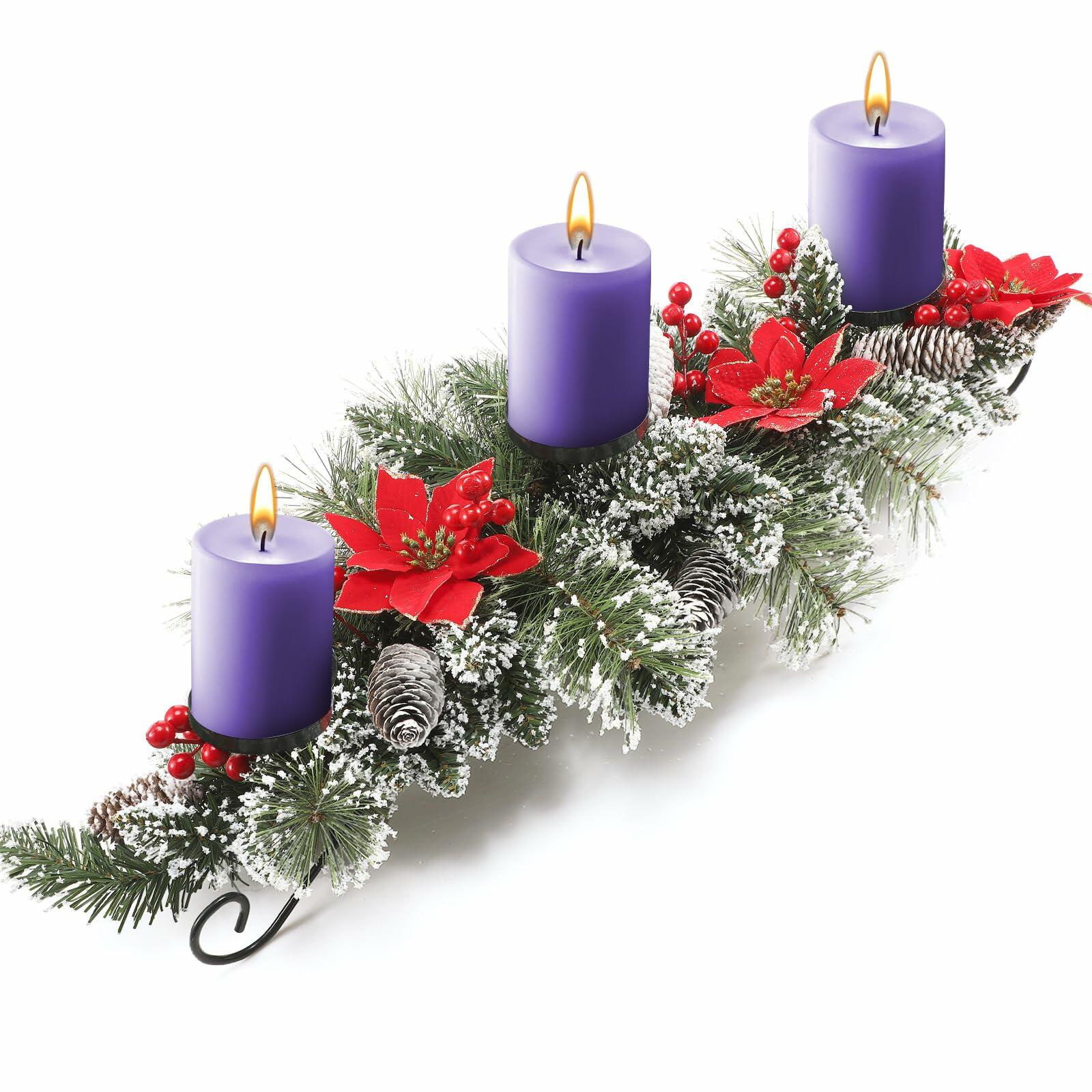 [Like New] 30" Artificial Christmas Centerpiece Red Flowers Berries Pinecones 3 Candle