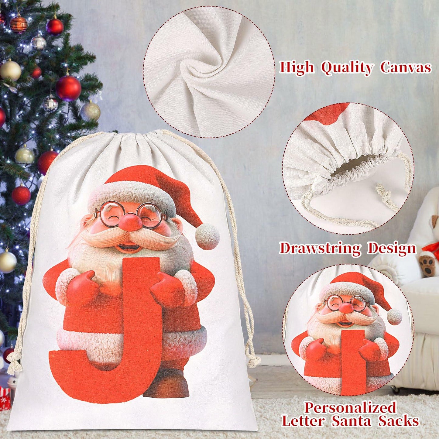 CCINEE Canvas Santa Sack Personalized Letter J Drawstring Red 27x20in